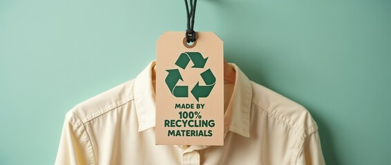 A white shirt hangs with a tag indicating it is made from 100% recycled materials, promoting eco-friendly and sustainable fashion choices. Perfect for green-conscious apparel marketers or designers.

