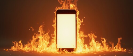 A smartphone with a blank screen stands engulfed by bright flames, set against a dark background, symbolizing heat and technology. Perfect for concepts of danger, power, and modern digital life.

