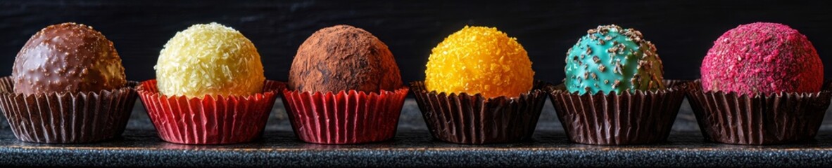 Colorful Assorted Truffles, Gourmet Treats, Delights with Sprinkles and Cocoa Coating. Special Christmas Dessert