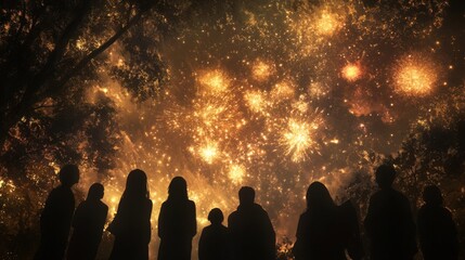 Fototapeta premium 8.A group of people silhouetted against a night sky, gazing up at dazzling fireworks, their faces illuminated by the light, celebrating together in a joyful, festive setting.