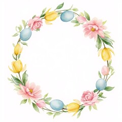 Easter wreath with pink flowers, yellow tulips, and blue eggs on a white background copy space