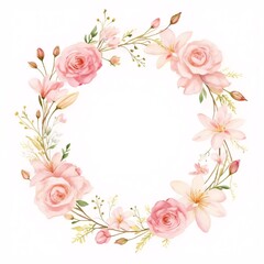 Romantic floral wreath with pink roses and white lilies on a white background copy space