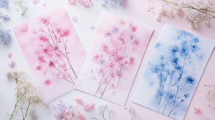 Naklejka premium 98.A set of wedding-themed greeting cards designed with minimalist elegance, each card featuring beautiful floral patterns, watercolor washes in pink and blue, and heartwarming messages, perfect for