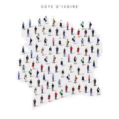 Cote dIvoire population map. Large group of realistic a diverse crowd of people figures in a shape of Ivory Coast map. Flat vector illustration isolated on white.