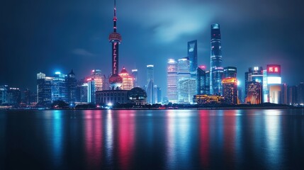 Obraz premium Night cityscape with skyscrapers, reflecting in water.