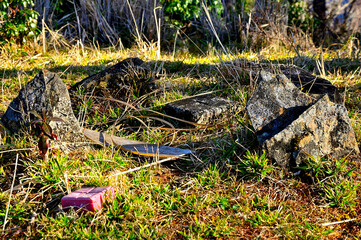 Obraz premium 丹沢の袖平山山頂 三等三角点（青根村3） 