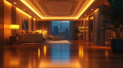 Luxurious apartment interior at night, city view.