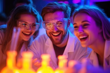 Exciting science experiment with happy students laboratory photo colorful lighting close-up innovation and learning