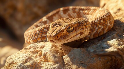 Naklejka premium Coiled saw-scaled viper resting on warm desert rocks during bright daylight.