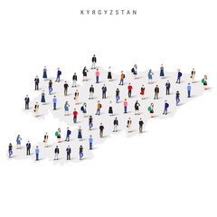 Kyrgyzstan population map. Large group of realistic a diverse crowd of people figures in a shape of Kyrgyz map. Flat vector illustration isolated on white.