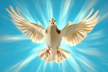 Fototapeta premium A 3D-rendered image of a dove in flight, with its wings creating soft trails of light as it soars through a peaceful sky
