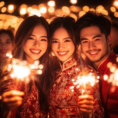 Fototapeta premium Group of Young Chinese Friends Smiling in Traditional Red Attire for Lunar New Year 2025
