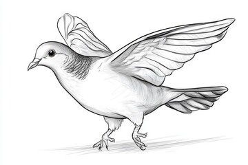 Obraz premium A clean 2D illustration of a dove in a gentle landing pose, drawn in soft white tones on a pure white background with subtle shading