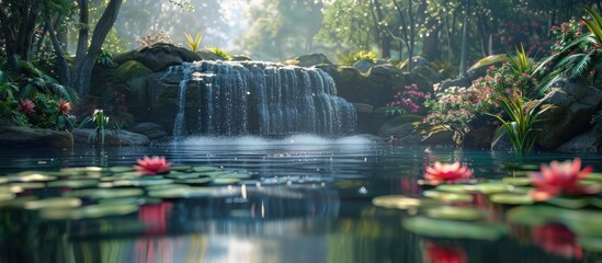 Fototapeta premium Stunning tropical waterfall nestled in a lush verdant forest with a serene lily pond reflecting the tranquil dreamlike scene Peaceful calming and beautiful natural landscape