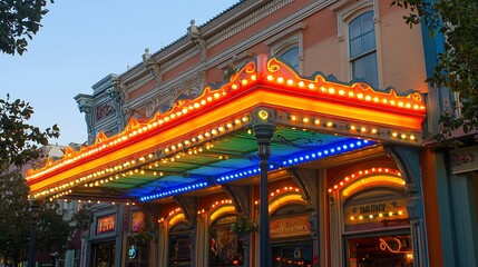 Colorful awning with lights over building entrance at dusk.