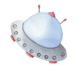 Hand painted UFO ship in gray and blue tones isolated on a white background. Watercolor illustration Cosmic Space