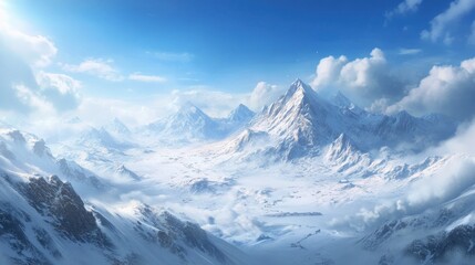 Obraz premium Snowy mountain range, valley, blue sky.