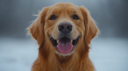 Obraz premium Happy golden retriever dog in snow.