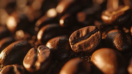 Fototapeta premium Ultra-realistic ad of roasted coffee beans with rich brown color, glossy finish, and intense aroma 