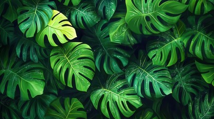 Fototapeta premium monstera leaves wet with dew, tropical forest flat design, top view, lush greenery, cartoon drawing, Triadic Color Scheme