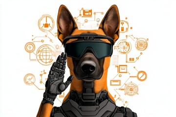 A flat graphic of a robotic war dog saluting with one paw, surrounded by symbols of peace and technology on a white background