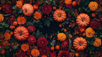 Fototapeta premium Autumn floral arrangement featuring vibrant orange pumpkins and colorful flowers, creating a warm seasonal atmosphere and a celebration of fall.