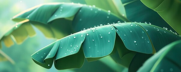 Obraz premium banana leaves with sparkling water droplets, tropical scenery flat design, front view, vibrant and fresh, animation style, colored pastel