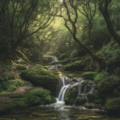 Moss-covered rocks, cascading waterfall, sunlit forest.