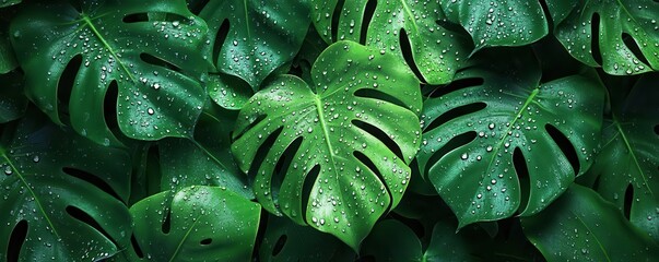 Obraz premium monstera leaf pattern with water droplets, tropical flat design, side view, lush and green, 3D render, Triadic Color Scheme