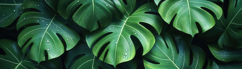 Obraz premium monstera leaves with morning droplets, tropical flat design, top view, nature s freshness, 3D render, Complementary Color Scheme