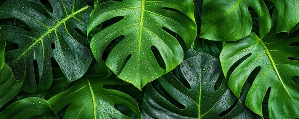 Fototapeta premium monstera leaves with sparkling dew, tropical theme flat design, top view, fresh and vibrant, water color, vivid colors