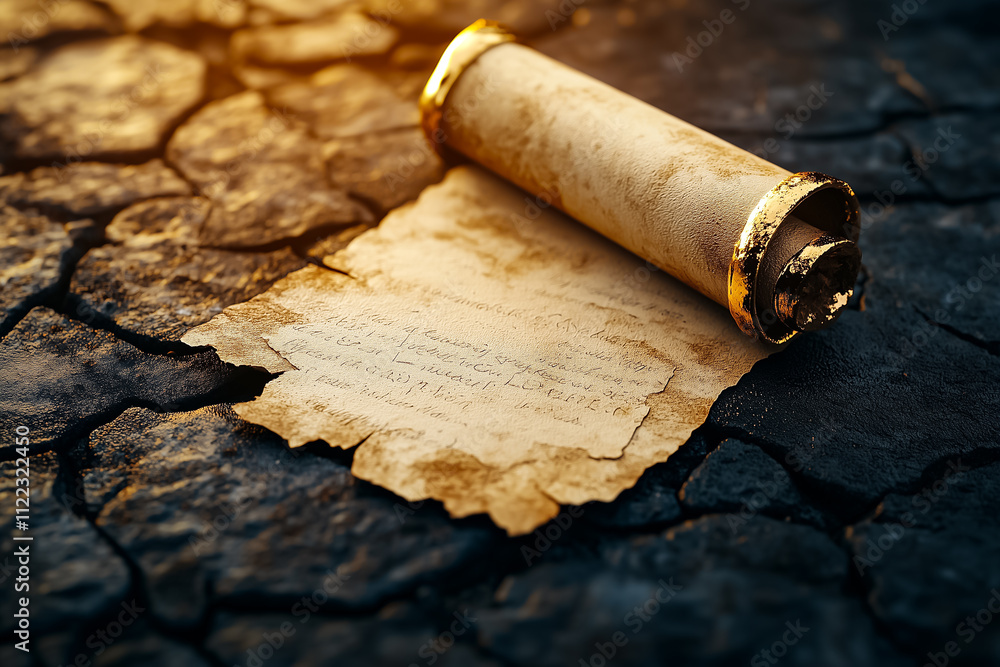 Poster a weathered scroll with visible text rests on dry, cracked ground, illuminated by soft evening light