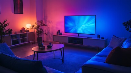 A cozy living room setup featuring a large flat-screen TV, comfortable sofa, and a coffee table surrounded by soft lighting, ideal for a home movie night.