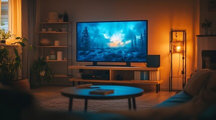 Fototapeta premium A cozy living room setup featuring a large flat-screen TV, comfortable sofa, and a coffee table surrounded by soft lighting, ideal for a home movie night.