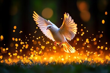 Fototapeta premium A magical depiction of a glowing dove flying through an enchanted forest, surrounded by shimmering golden light and floating particles