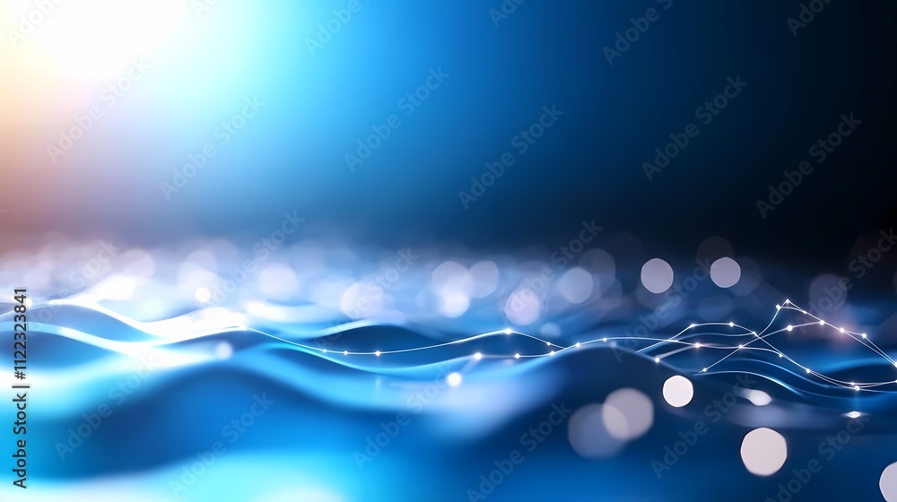 Poster abstract blue wavy background with glowing particles and bokeh.