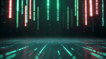 Abstract digital rain of binary code falling onto a glowing floor.