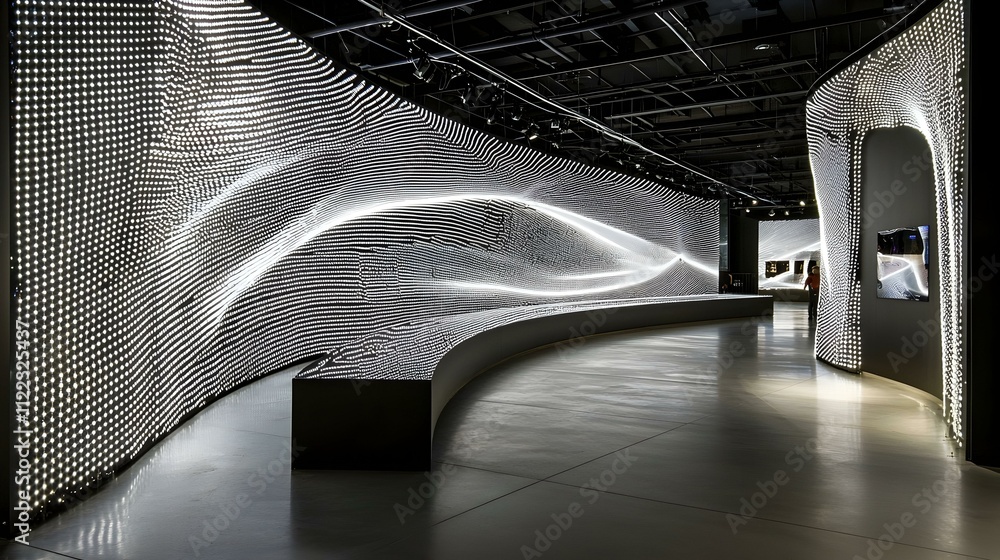 Poster modern led light art installation in a dark gallery. abstract wavy lines of light create a dynamic, 