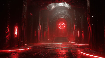Red-lit futuristic gothic hall with glowing arches, metallic textures, and a central illuminated circular door