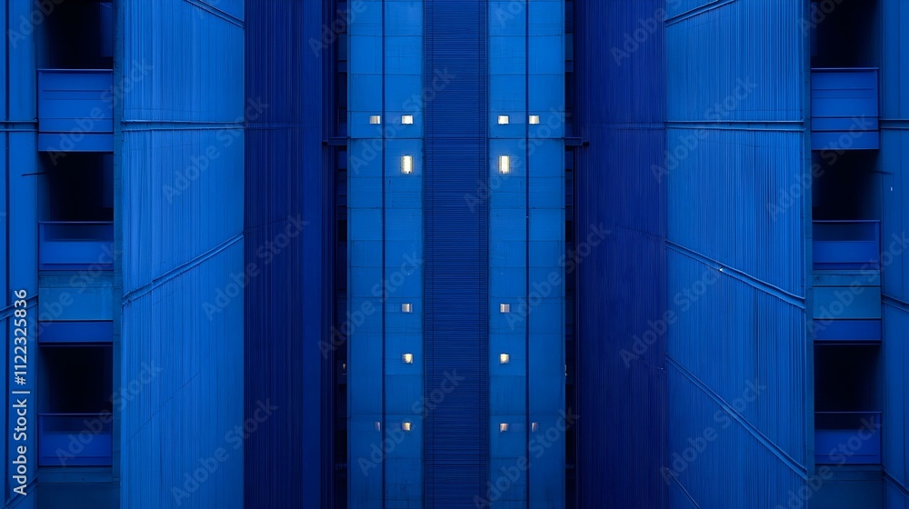 Poster abstract blue building facade at twilight. symmetrical architecture with glowing windows.