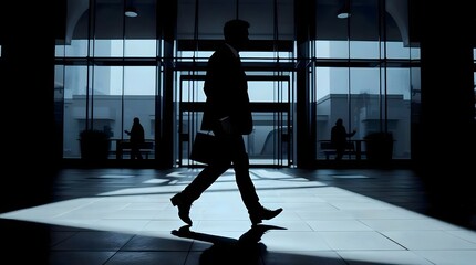 Fototapeta premium a business man silhouette, walking past building, large space for copy 