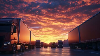 Obraz premium Sunset over a line of semi-trucks at a logistics hub. Dramatic sky.