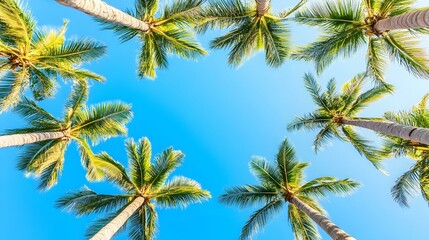 Fototapeta premium Looking up at lush palm trees against a vibrant blue sky. Perfect for summer, travel, or tropical themes.