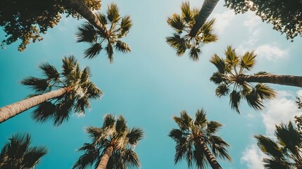 Fototapeta premium Stunning low angle view of palm trees against a vibrant blue sky. Perfect for summer themes.