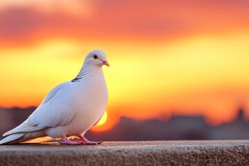 Fototapeta premium A serene photo of a dove resting on a rooftop at dusk, with a warm orange and purple sky in the background