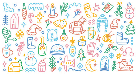 Playful Hand-Drawn Christmas Doodle Set | Festive Colorful Holiday Illustrations Featuring Santa, Snowman, Gifts, and More