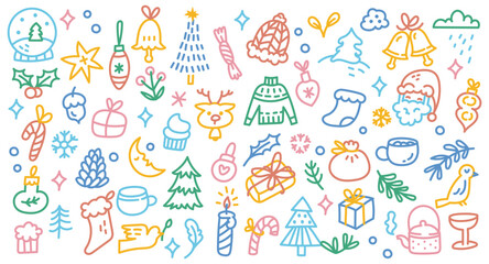 Fototapeta premium Playful Hand-Drawn Christmas Doodle Set | Festive Colorful Holiday Illustrations Featuring Santa, Snowman, Gifts, and More