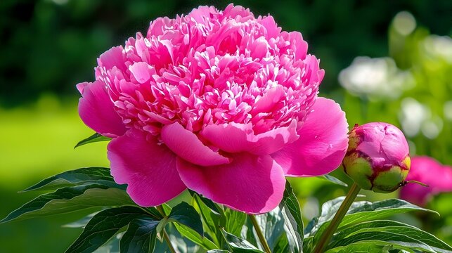 Vibrant pink peony flower in full bloom with a bud, lush green foliage.  Perfect for spring, nature, and floral designs.