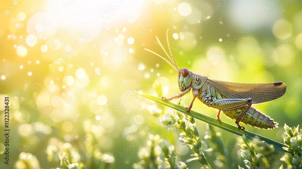 Poster a stunning view of a grasshopper perched on a blade of grass with its fine details in focus stock ph
