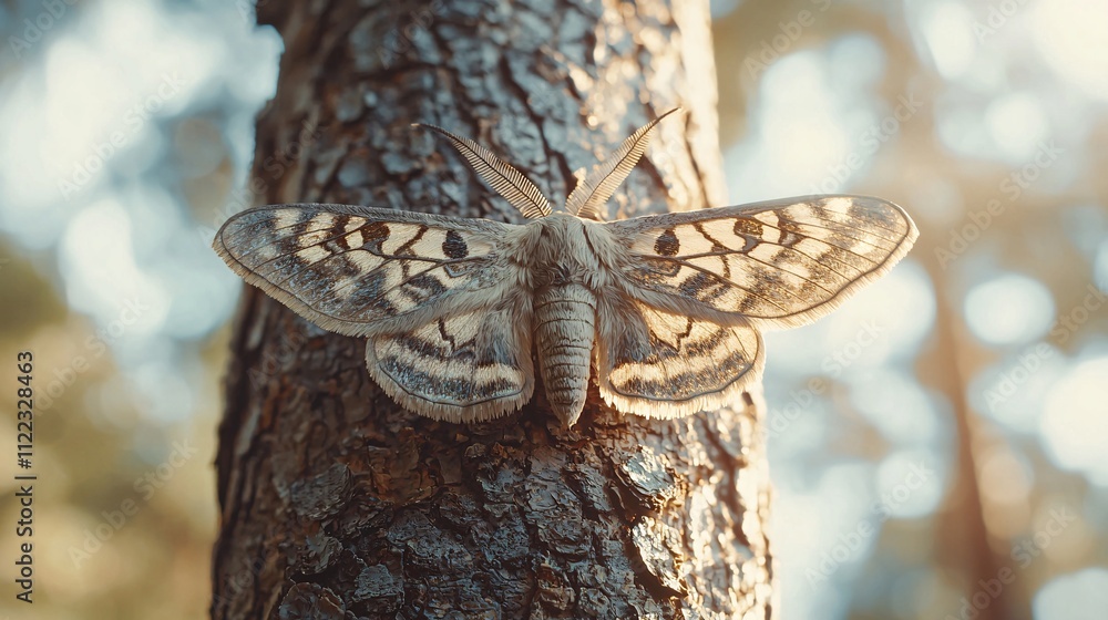 Poster A glowing moth resting on tree bark with its textured wings shimmering under soft light Stock Photo with side copy space